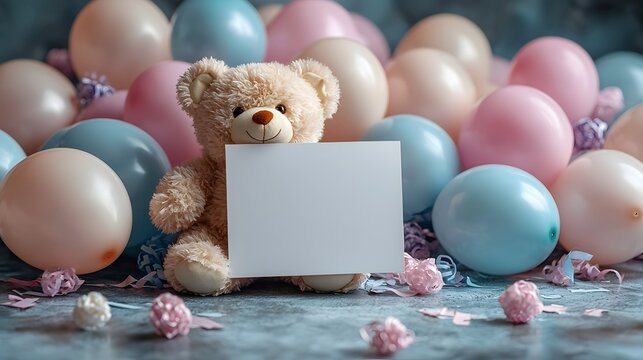 A cheerful get well soon gift card surrounded by colorful balloons and a soft teddy bear
