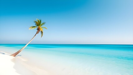Paradise Beach: Leaning Palm Tree on White Sand, Turquoise Ocean.