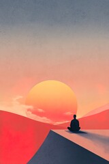 Modern flat illustration of person in meditative pose on yoga mat, designed with soft tones and simple elements. Suitable for stress management guides and lifestyle articles