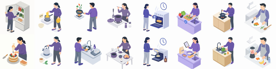 Isometric Detailed Woman and Man Doing Various Activities in the Kitchen Illustration