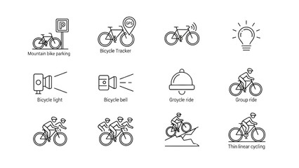 Fototapeta premium Bicycle Line Icon Set – Thin Vector Outline of Mountain Bike, Parking, Tracker, Light, Bell, and Group Ride
