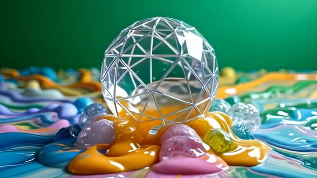 A crystal dome wrapped in noise hazy abstract reflection hovers above a cascade of liquid-like colors that flow and merge harmoniously, with sharp contrasts and fluid movements creating an