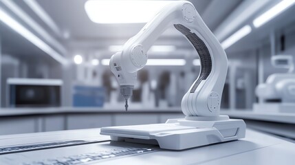 Photo-realistic scene of a futuristic 3D printer creating a robotic arm prototype in a high-tech lab, showcasing innovation and design.