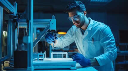 A skilled engineer conducts product testing with a detailed 3D printed prototype in a modern R&D lab, showcasing practical applications.