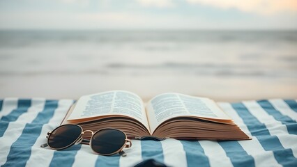 Open Book and Sunglasses on Striped Beach Towel by the Ocean.