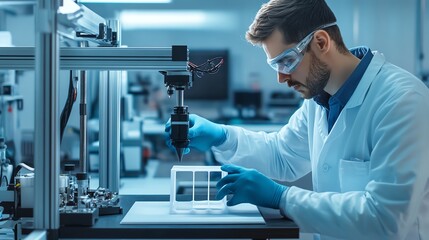 A dedicated engineer utilizes a 3D printed prototype for product testing in a cutting-edge R&D lab, showcasing innovation and practicality.