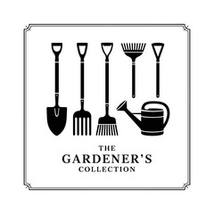 Gardener's Tool Collection: A stylish collection of gardening tools, including a shovel, fork, rake, and watering can, presented in a sophisticated monochrome design.