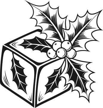 Here's a concise description combining your terms:

Black and white floral Christmas gift box illustration with an ornate vintage scroll pattern