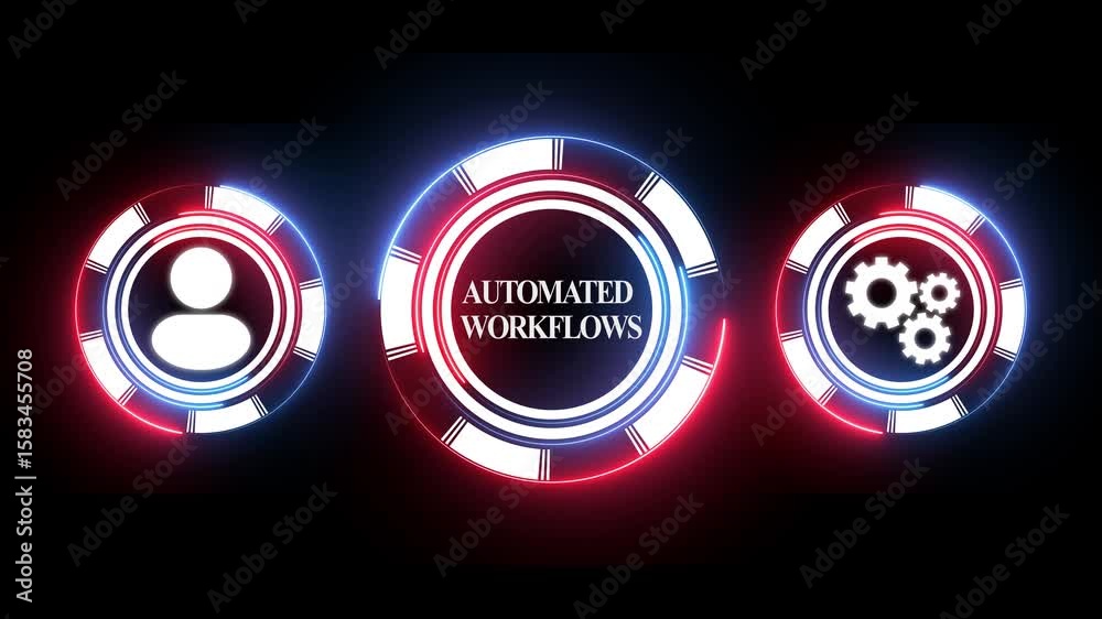 Poster animated automated workflows concept futuristic u i design neon glowing circles user interface