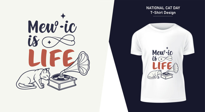 National Cat Day T Shirt Design with a Cat Listening to Music on a Gramophone