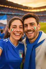 Obraz premium Italian Soccer Fans Taking Selfie at Sunset Stadium