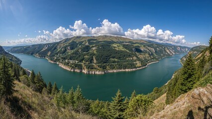 Fototapeta premium Bird's-eye panoramic view captured by drone over a scenic lake