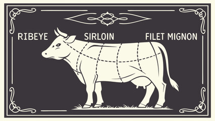 Vintage beef cuts chart illustration ribeye sirloin filet mignon butcher diagram steak house menu design art
