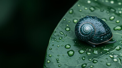 Snail resting on green leaf with raindrops in natural setting  