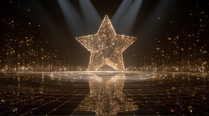Golden star award show background stage backdrop for announcing winners and nominees. Shimmering arrow particle with neon outlines and 3d grid floor. A glistering, fairy tale-like festive bg.