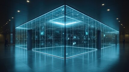 Glass-walled data center, glowing blue