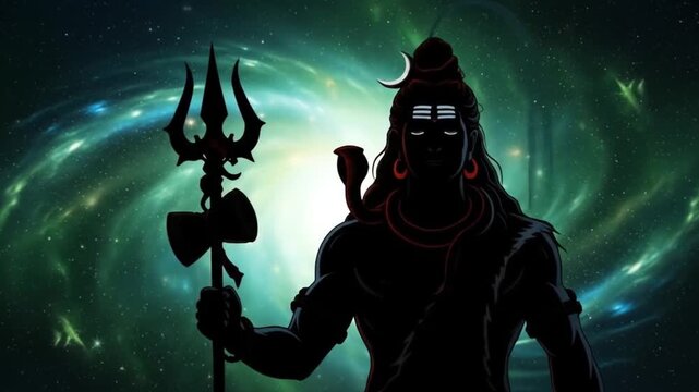 Lord Shiva Silhouette Against Cosmic Galaxy Background - Divine Hindu Deity with Trident and Crescent Moon, Spiritual and Mythological Concept
