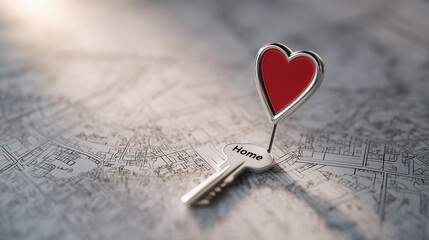 Key with heart shape on map symbolizing home and love  