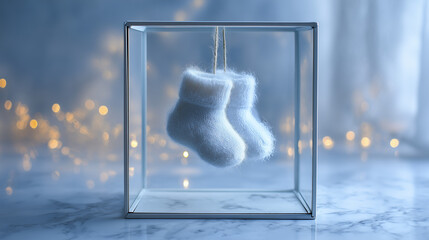 Baby booties hanging inside glass box with blurred fairy lights  