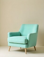 Fototapeta premium Mint green armchair with wooden legs, adding a refreshing pop of color to any room.