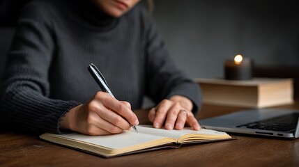 Person writing in a notebook with a pen by candlelight and laptop