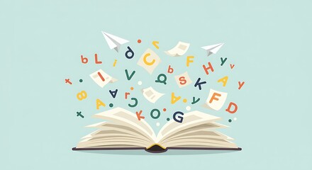 Burst of Creative and Knowledge from Open Book with Floating Symbols and Educational Elements on Light Blue Background