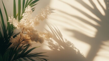 Soft shadows of palm leaves and white flowers