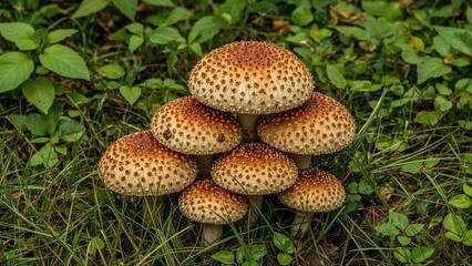 Cluster of spotted mushrooms growing on green grass surrounded by lush foliage in a natural woodland setting.