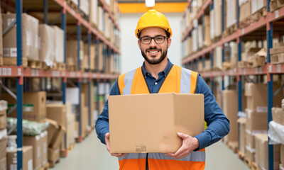 Happy warehouse employee in safety vest holding a cardboard box and smiling  Generative AI