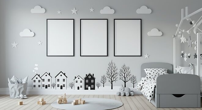 A modern children's bedroom with three blank picture frames above a bed, decorated with cloud and house wall stickers, and a round rug on the floor.