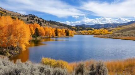 Fototapeta premium Beautiful landscape of a tranquil lake with vibrant fall colors