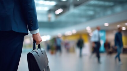 Professional man in suit holds briefcase while walking through busy airport terminal. background features blurred travelers, creating sense of motion and urgency