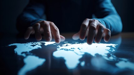 Close up shot of hands hovering over world map, symbolizing global connection and exploration. image conveys sense of curiosity and engagement with geography