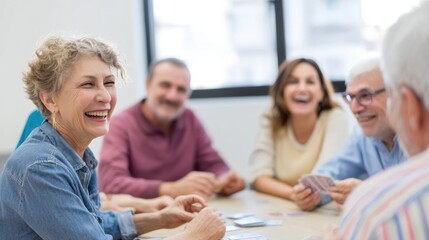 Group of seniors enjoying card game, smiling and laughing together in bright, modern room. atmosphere is cheerful and lively, showcasing friendship and connection