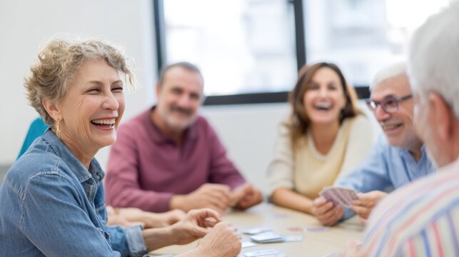 Group of seniors enjoying card game, smiling and laughing together in bright, modern room. atmosphere is cheerful and lively, showcasing friendship and connection - Powered by Adobe