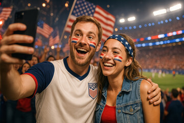 Fototapeta premium Excited USA Soccer Fans Taking Selfie in Stadium