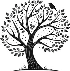 Obraz premium Black and white vector tree silhouette with floral leaf design element for nature pattern illustration