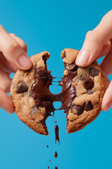 A close-up of two hands breaking a gooey chocolate chip cookie in half, with melted chocolate stretching between the halves. Bright blue background, natural lighting, high detail, appetizing and clean