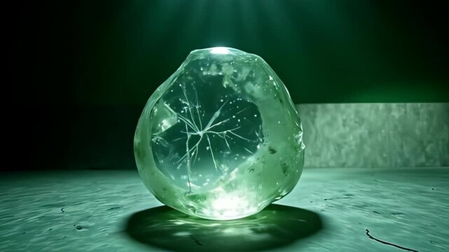 As a soft spotlight illuminates it, a suspended crystal dome wrapped in noise hazy abstract reflection creates intricate shadows on a textured surface, with slow, fluid movements sweeping