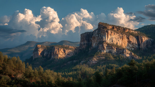 Showing layered plateau rock catching sunset light over forest canopy, cumulus clouds, copy space - Powered by Adobe