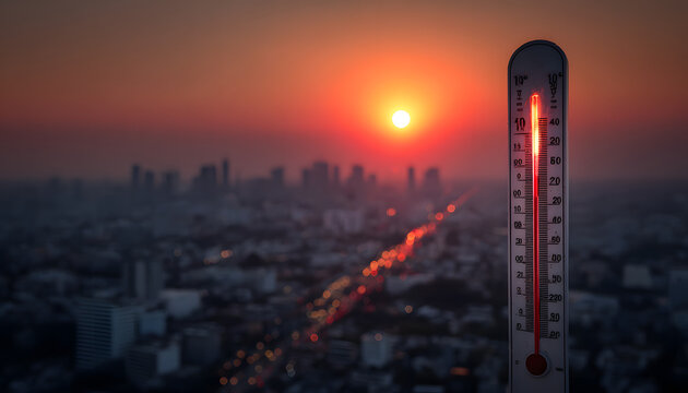 Termometro sol ardiente caluroso y bruma sobre el horizonte en concepto de ola de calor y altas temperaturas