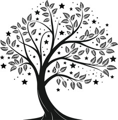 Obraz premium Black and white vintage vector tree silhouette with ornate floral swirl and leaf decoration