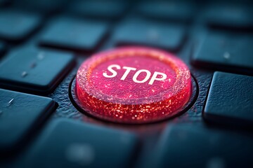 Glowing Red Stop Button on Keyboard: Halt, Cease, Emergency
