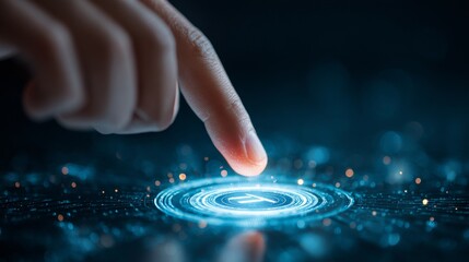 Close-up of index finger clicking on blue holographic projection AI button.