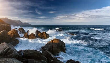 Obraz premium view of rocky shore and ocean waves