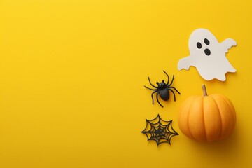 Halloween frame with party decorations of pumpkins, bats, ghosts, spiders on yellow background from above. Happy halloween card in flat lay style.