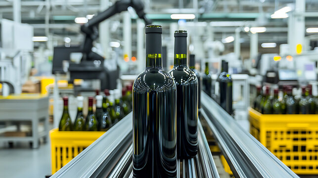 Automated production line featuring wine bottles. Streamlined manufacturing with robotic precision for quality and efficiency in beverage industry.