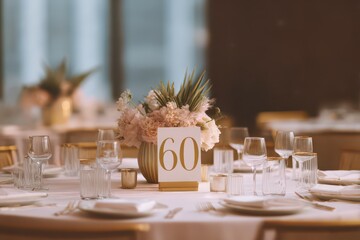 Elegant table setup for a milestone birthday celebration featuring a centerpiece and a number sign in a sophisticated venue