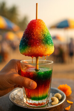 A colorful ice gola (shaved ice candy) on a stick, drizzled with multiple flavored syrups (pink, green, orange), served in a street-style glass