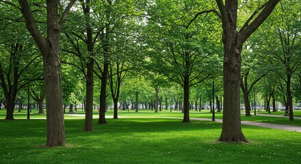Fototapeta premium Green Park with Tall Trees and Bright Grass in Summer